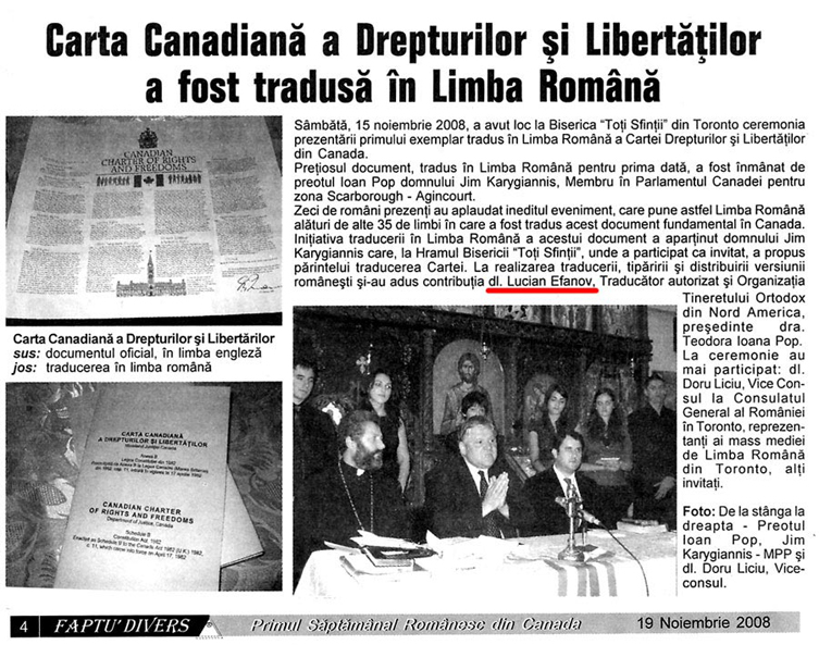 Newspaper article - Canadian Charter in Romanian